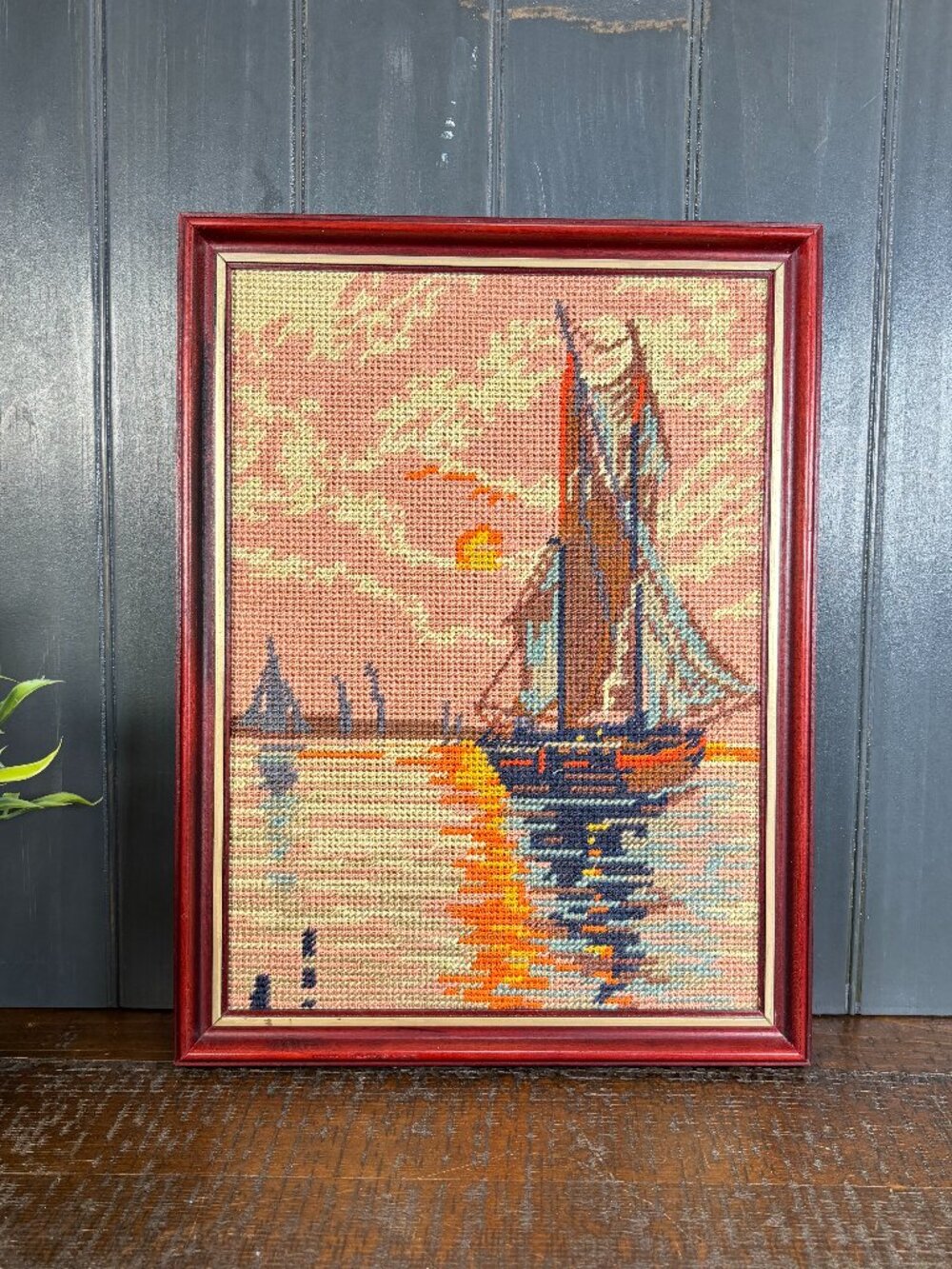 Vintage Sailboat at Sunset Needlepoint, Framed Nautical Seascape Embroidery